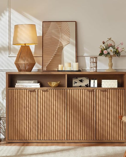 LEYAOYAO Fluted Buffet Cabinet with Storage, 55" Wide Wood Sideboard Credenza with 4 Doors & Open Storage Shelf, Modern Kitchen Console Accent Cabinets, Coffee Bar Table for Dining Room, Tea Brown