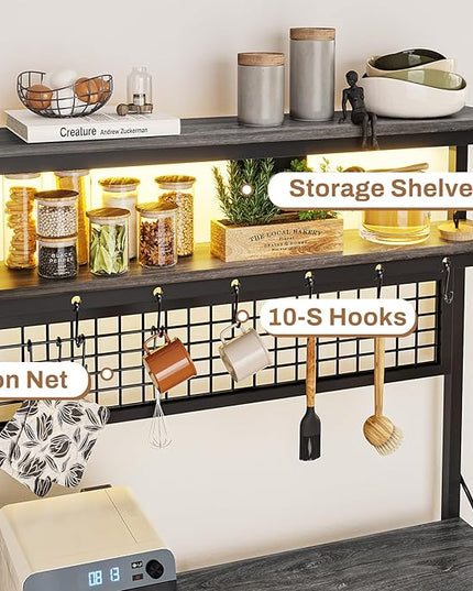 Itaar Bakers Rack with Power Outlet, 6-Tier Coffee Bar, Microwave Stand with Wine Rack, LED Lights and 10 Hooks, Bakers Racks for Kitchens with Storage, Black