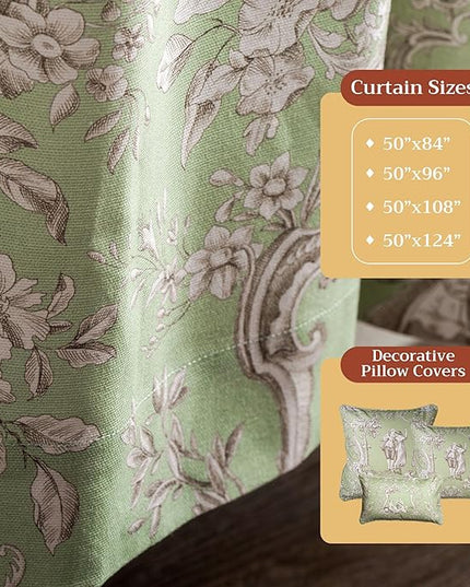 Maison d' Hermine Curtains for Living Room 100% Cotton 96 inch Length Two Panels Light Filtering Toile Curtains for Bedroom Windows with Rod and Loop Pockets Drapes (Joli Jouy Green, 50" W x 96" L)