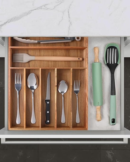 Kitchen Acacia Silverware Organizer - Extra Deep Grooved Drawer Divider, 7 Slot Utensil Organizer