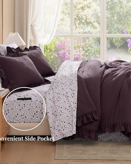 King Comforter Set - 7 Pieces Ruffle Purple Bedding Sets, Shabby Chic Farmhouse Bed in a Bag King with Ruffle Comforter, Floral Sheets, Pillowcases & Shams