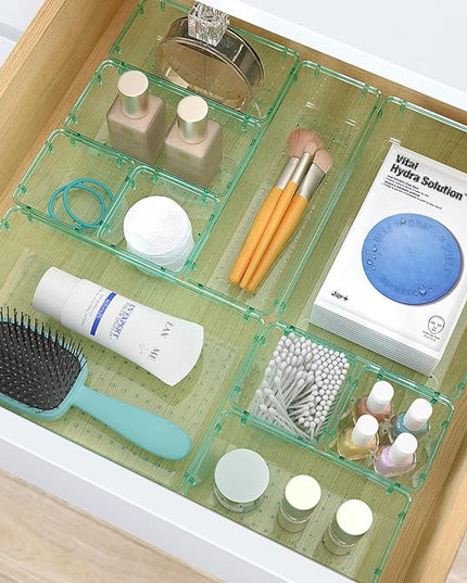 33 PCS Clear Plastic Drawer Organizers Set, 4 Size Desk Drawer Organizer Trays for Makeup, Jewelry, Kitchen Utensils, Gadgets and Office Accessories, Sea Blue