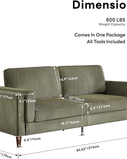 Tbfit 85" Corduroy Couch for Living Room, 3 Seater Mid Century Modern Sofa with Spring Cusions & Extra Deep Seat for Bedroom, Small Comfy Upholstered Couches Easy Assembly with Solid Wood Legs, Green