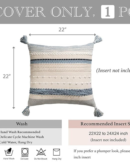 BlissBlush Coastal Blue Boho Decorative Throw Pillow Cover 22x22 Modern Bohemian Accent Pillow Case Square Woven Textured Farmhouse Pillows for Couch Bed (Pack of 1)