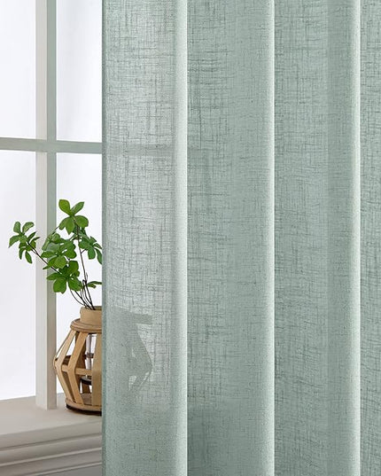 MIULEE Sea Green Linen Curtains 96 Inch Long for Bedroom Living Room, Soft Thick Linen Textured Window Drapes Semi Sheer Light Filtering Back Tab Rod Pocket Burlap Look Aqua Decor, 2 Panels