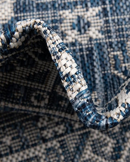 Rugs.com Outdoor Aztec Collection Rug – 9' x 12' Blue Flatweave Rug Perfect for Living Rooms, Large Dining Rooms, Open Floorplans