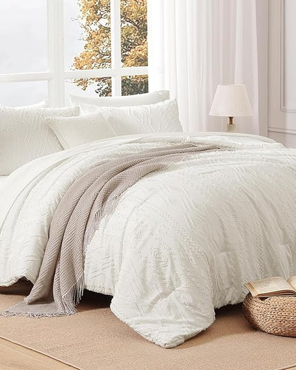 King Size Comforter Set White, Tufted Boho Bedding Farmhouse Bed Set, All Season 7 Pieces Bed in a Bag with Sheets, Pillowcases & Shams