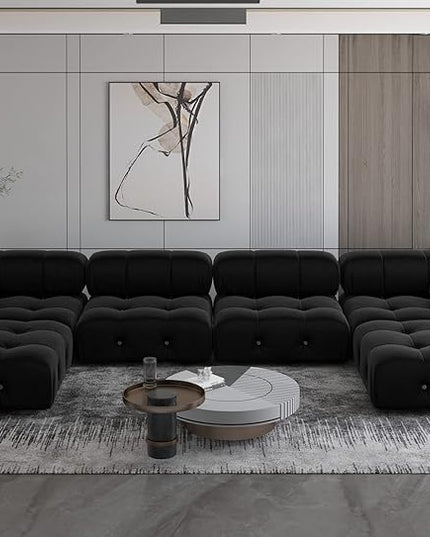 JACH 138" Modular Sectional Couch, U-Shaped Minimalist Velvet Sofas with Chaise Ottomans, Convertible Modern Deep 6-Seat Sofas Furniture for Living Room, Apartment (Black)