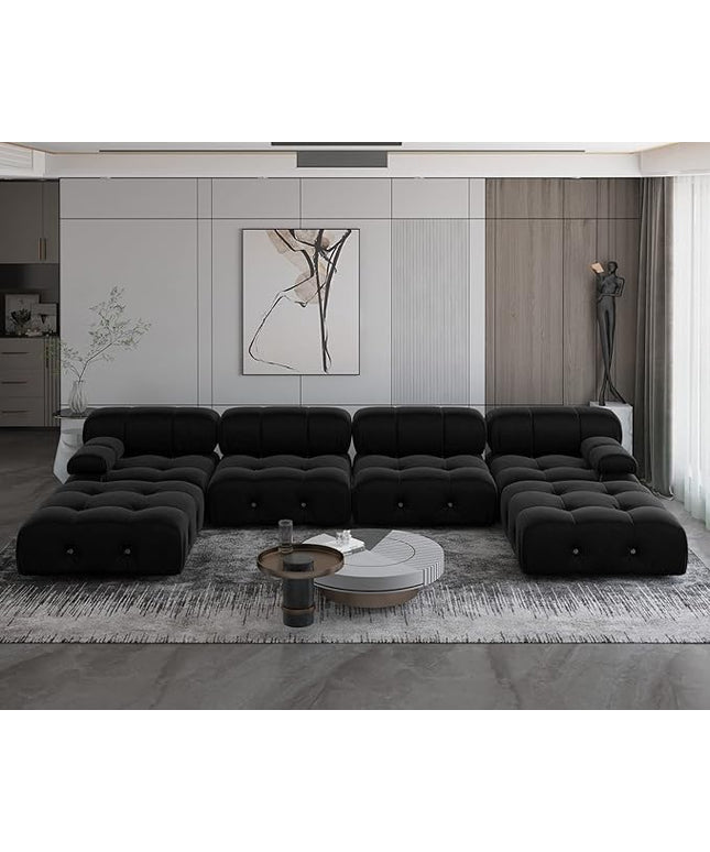 JACH 138" Modular Sectional Couch, U-Shaped Minimalist Velvet Sofas with Chaise Ottomans, Convertible Modern Deep 6-Seat Sofas Furniture for Living Room, Apartment (Black)