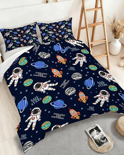 Blue Kids Comforter Set for Boys Queen Cartoon Space Bedding Set Cute Astronaut Rocket Comforter Set 3D Space Rocket Planets Bedding Set with 1 Comforter and 2 Pillowcases
