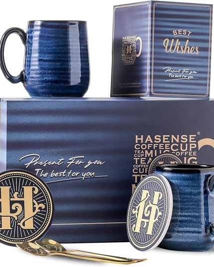 HASENSE Coffee Mugs Set of 2, 12oz Ceramic Glazed Mugs with Handles, Blue Reactive Glazes Tea Cups Gift Set for Men and Women, Includes Gold Spoon & Coaster