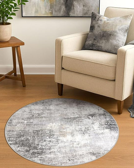 IOHOUZE Round Area Rug 3 Ft Circle Entryway Rugs Round Washable Door Mat Indoor Entrance, Non Slip Circle Front Door Rug, Printed Abstract Faux Wool Floor Carpet for Foyer Porch Sink, Grey Beige