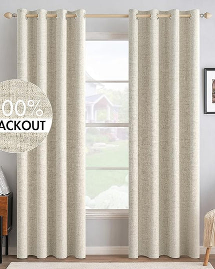 MIULEE 100% Blackout Linen Textured Curtains for Bedroom Solid Thermal Insulated Cream Grommet Room Darkening Curtains & Drapes Luxury Decor for Living Room Nursery 52 x 72 Inch (2 Panels)
