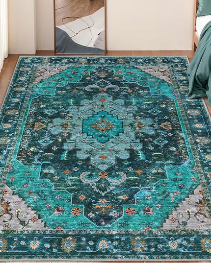 Ciicool Boho Machine Washable Area Rug, 4x6 Rugs for Living Room Non-Slip Bedroom Rug Vintage Rug Ultra-Thin Throw Distressed Large Low-Pile Carpet for Dining Room Office