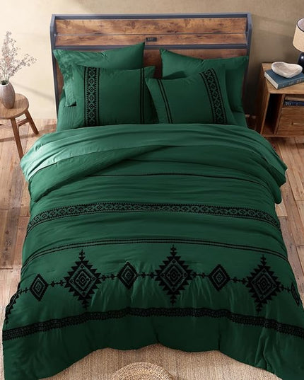 MaiRêve Embroidery Comforter Set, Boho Farmhouse Western Bedding Set, All Season Bed in A Bag Comforter Set with Sheets, Pillowcases & Shams, Emerald Green Queen 7 Pieces