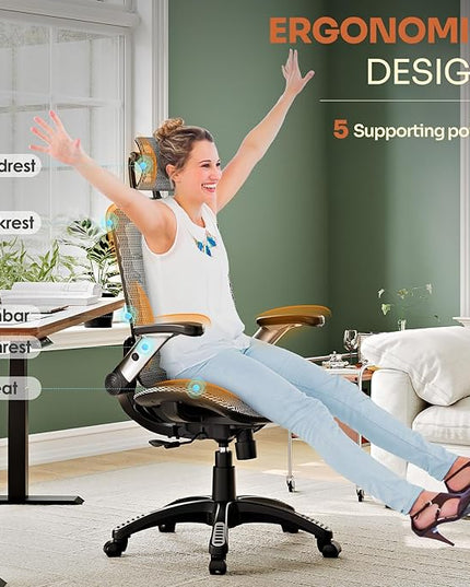 GABRYLLY Ergonomic Office Chair, High Back Home Desk Chair with Headrest, Flip-Up Arms, 90-120° Tilt Lock and Wide Cushion, Big and Tall Mesh Chairs for Man Woman, Grey Task Chair