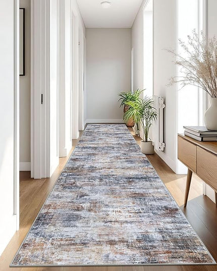 IOHOUZE Abstract Runner Rug 3x16 Ft Washable Runners for Hallways, Non Slip Kitchen Runner Printed Faux Wool Entryway Runner Indoor, Modern Abstract Floor Carpet for Hall Stair, Orange Grey