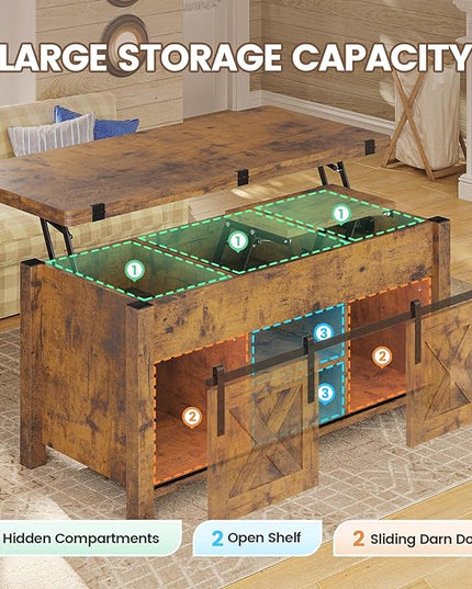 SEDETA Lift Top Coffee Table, 4 in 1 Convertible Coffee Tables with Storage and Hidden Compartment for Living Room, Farmhouse Coffee Table Converts to Dining Table, Dining Reception Room, Rustic Brown