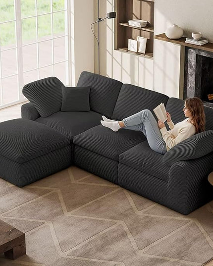 Cloud Sectional Couches for Living Room, L Shaped Modular Sectional Sofa with Ottoman, Convertible Corduroy Couch for Apartment, 4 Seater Boneless Comfy Cloud Sofa, No-Assembly, Grey