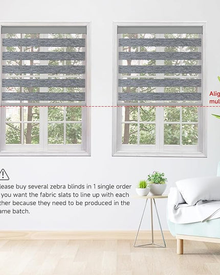 Cordless Motorized Zebra Blinds for Windows with Remote, Custom Dual Layer Smart Semi Sheer Zebra Shades Work with Alexa Google, Automatic Electric Light Filtering Zebra Roller Shades, Grey