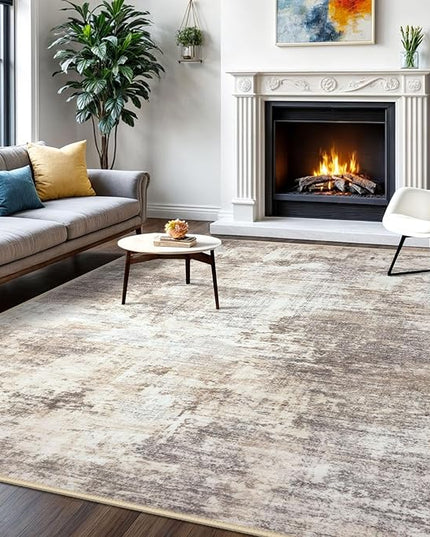 IOHOUZE Abstract Area Rugs 6x9 Ft Washable Rugs for Living Room, Non Slip Dining Room Rug Printed Faux Wool Rugs for Bedroom, Floor Carpet for Office Nursery Playroom, Beige Brown