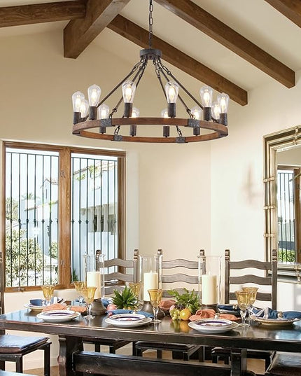 Farmhouse Wagon Wheel Chandelier 31" Black Wooden Chandelier 12-Light Rustic Pendant Light Fixture for Dining Room Living Room Entryway Foyer