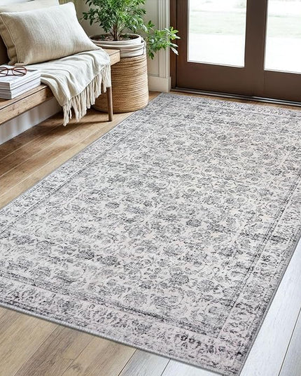 3x5 Washable Area Rug for Entryway, Grey Blue White Soft Distressed Floral Rug with Non-Slip, Low-Pile Vintage Area Rugs for Living Room, Bedroom, Dorm Carpet with Non-Shedding