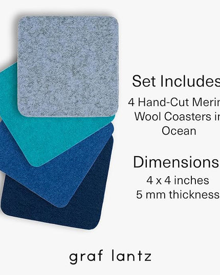 Graf Lantz - Bierfilzl Merino Wool Square Coasters Set of 4 - Ocean (4"x4"x5mm) - Absorbs 30% of Weight - Natural German Wool - Heat Resistant, Sustainable, Reusable - Home Decor, Coffee Table Decor