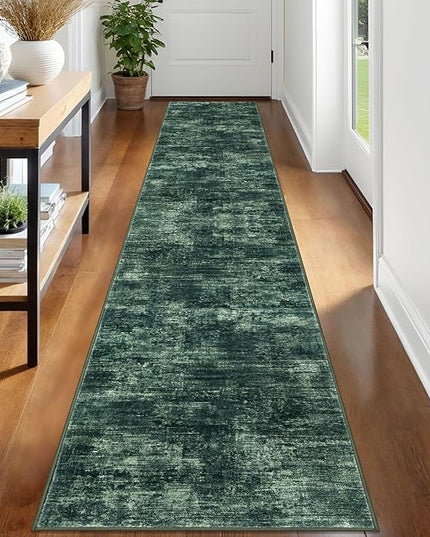 IOHOUZE Abstract Runner Rug 2x12 Ft Washable Runners for Hallways, Non Slip Kitchen Runner Printed Faux Wool Entryway Runner Indoor, Modern Abstract Floor Carpet for Hall Kitchen, Dark Green