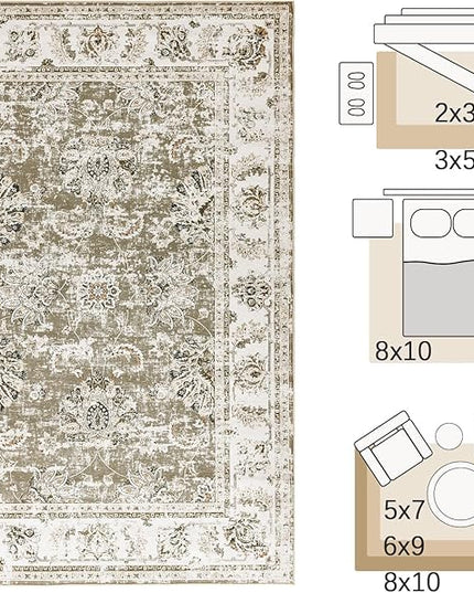 jinchan Fiora 4x6 Area Rugs for Bedroom - Machine Washable Distressed Vintage Floral Design Stain Resistant Boho Carpet Ultra-Thin Low Pile Non-Slip Rug for Living Room Dining Room (4‘x6', Taupe)