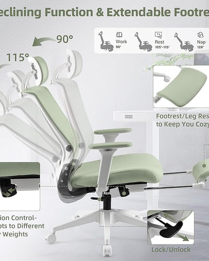 Foldable Office Chair with Foot Rest, Ergonomic Office Chair with Adjustable Lumbar Support, Headrest, Armrest, Home Office Desk Chair for Space Saving, Work from Home, Green