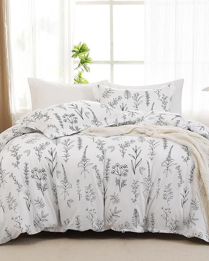 MUXHOMO White Full Comforter Set, Elegant Floral Print Bed in a Bag 7 Pieces, Ultra Soft & Breathable Reversible Botanical Pattern Bedding Set with Comforter, Sheets, Pillowcases, and Shams