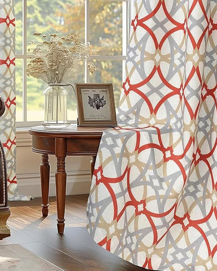 DriftAway Alexander 100% Blackout Curtains for Living Room Linen Blend Pattern Match Thermal Insulated Room Darkening Geo Moroccan Mid Century Grommet Bedroom Drapes 2 Panels 52 x 108 Inch Linen Red
