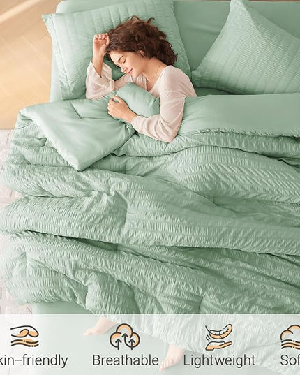 MUXHOMO 5 Pieces Twin Comforter Set, Seersucker Bed in a Bag Twin Size, All Season Luxury Bedding Set with Comforter, Flat Sheet, Fitted Sheet, Pillowcase & Sham, Sage Green