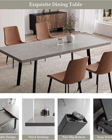 47.2"- 62.9" Extendable Dining Table with 6 Brown Dining Chairs, Modern Kitchen Table Set for 6, Thickened Expandable MDF Wooden Table with Metal Legs for Dining Room, Kitchen, Home
