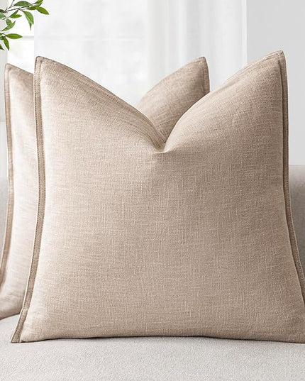 Foindtower Pack of 2, Decorative Linen Soild Throw Pillow Covers Soft Accent Cushion Case Farmhouse Neutral Pillowcase for Chair Couch Sofa Bedroom Living Room Home Decor 24 x 24 Inch Tan Beige