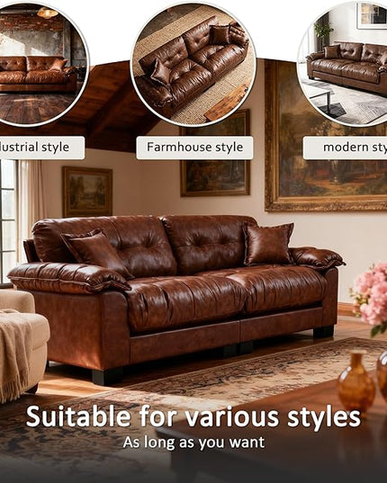 Faux Leather Sofa, Mid Century Modern Deep Loveseats, Comfy Cloud Couch, Tufted Pillow Top Arm Furniture for Living Room, Apartment, Cognac Brown