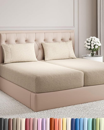 Split King Size 5 Piece Sheet Set - Comfy Breathable & Cooling Bed Sheets Set - Hotel Luxury Bedding for Women, Men, Kids, Teens, Boys & Girls - Deep Pockets & Wrinkle Free - Beige (Heathered Sheets)