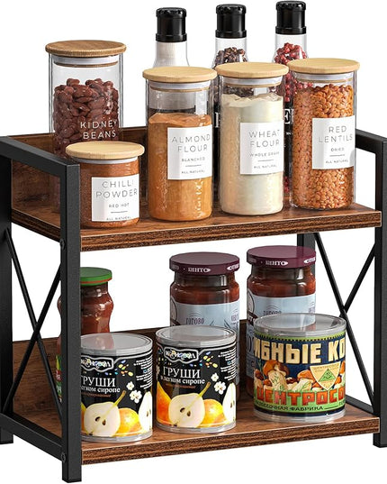 Giikin Countertop Shelf Organizer, 2 Tier Kitchen Spice Rack for Countertop, Wood Coffee Counter Shelf Organizer for Home (Brown, S)