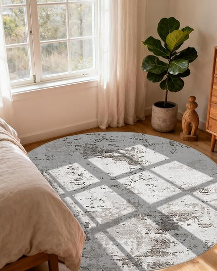 Modern Abstract 6x6 Round Area Rug Non Slip Non Shedding Rug Low Pile Stain Resistant for Bedroom Living Room Office Dining Room,Taupe/Beige