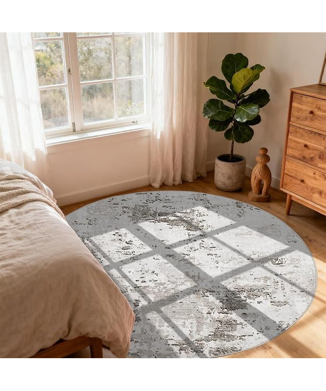 Modern Abstract 8x8 Round Area Rug Non Slip Non Shedding Rug Low Pile Stain Resistant for Bedroom Living Room Office Dining Room,Taupe/Beige