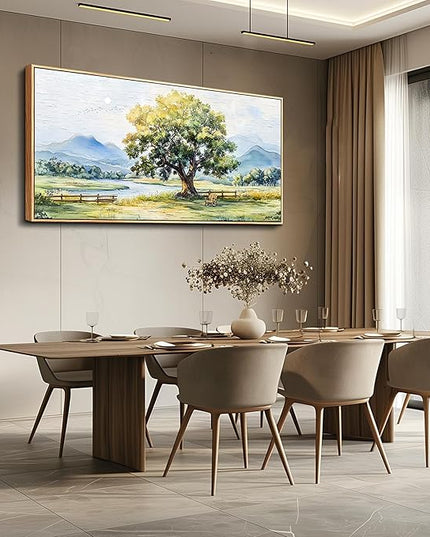 PHAOHUAXM Large Canvas Wall Art For Living Room Wall Decor For Office Bedroom Hotel room Green Tree Ink-Wash Landscape Painting Wood Framed Farmhouse Home Decoration Artwork Ready To Hang 24x48In