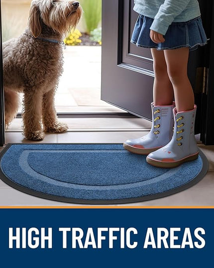 OLANLY Half Circle Door Mat Indoor Outdoor Entrance Welcome, Waterproof All-Season, All-Weather Doormat, Sturdy Natural Rubber, Low Profile, Easy Clean Patio Porch Entryway Mat, 58x23, Light Blue