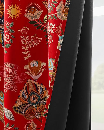 XiDi 100% Blackout Red Floral Curtains 63 Inches Long 2 Panels Vintage Botanical Leaf Patterned Curtains for Living Room Bedroom Thermal Insulated Room Darkening Grommet Luxury Colorful Drapes 52x63