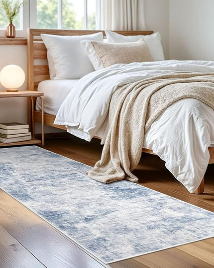 IOHOUZE Abstract Runner Rug 2x6 Ft Washable Runners for Hallways, Non Slip Kitchen Runner Printed Faux Wool Entryway Runner Indoor, Modern Abstract Floor Carpet for Hall Bedroom, Light Blue White