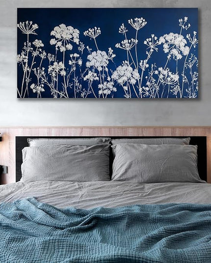 HUADAOART Large Wall Art Navy Blue and White Dandelion Modern Floral Print 24 x 48 inch Canvas Artwork Home Decor Living Room Bedroom Office Decor Ready To Hang