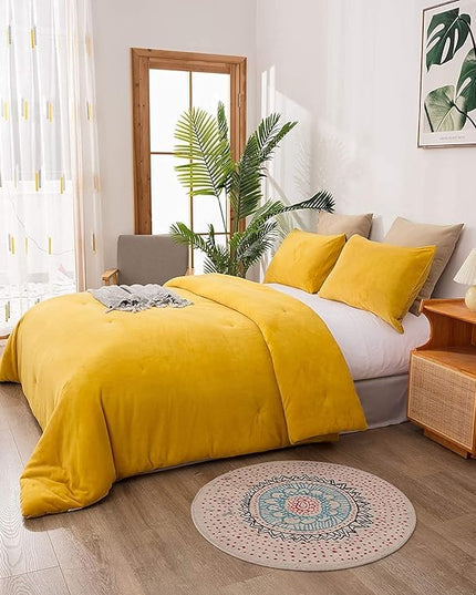 Houseri Mustard Yellow Velvet Comforter Set King Fuzzy Bedding Sets Dark Yellow Fluffy Micromink Sherpa Comforter Women Men Mustard Flannel Bedding Plush Comforter Sets King