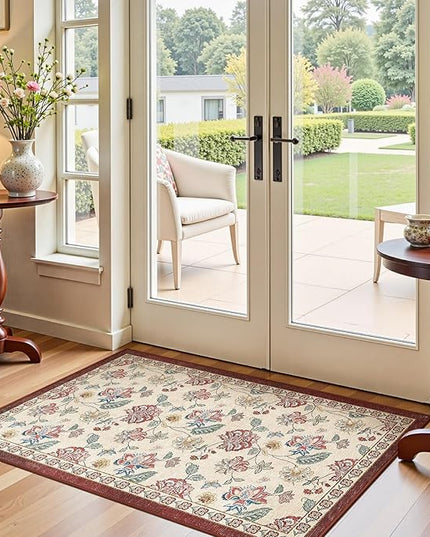 jinchan Elora 3x5 Floral Rug for Entryway Washable Rug Vintage Romance Design Christmas Small Mat Non Slip Indoor Doormat Lightweight Low-Profile Throw Carpet for Bathroom Laundry Room, Red/Beige