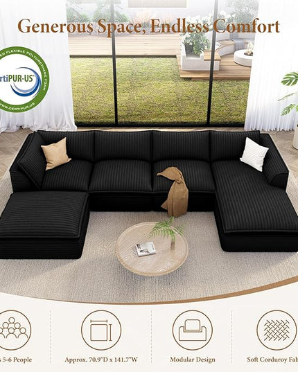 Vesgantti 141.7" U Shaped Sectional Boneless Couch, Modern 6 Seater Modular Sofa with Chaise & Ottoman, Deep Seat Plush Corduroy Cloud Couches for Living Room, No Assembly Required, Black