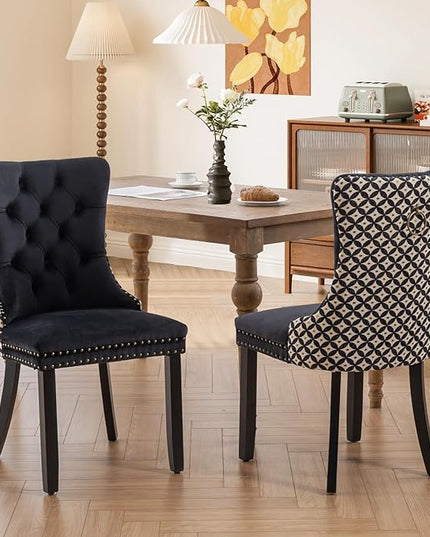 SoarFlash Velvet Dining Chairs Set of 2, Tall Back Side Chair, Modern Upholstered Side Chair with Button Back Ring, Solid Wood Legs (Black&Plaid)